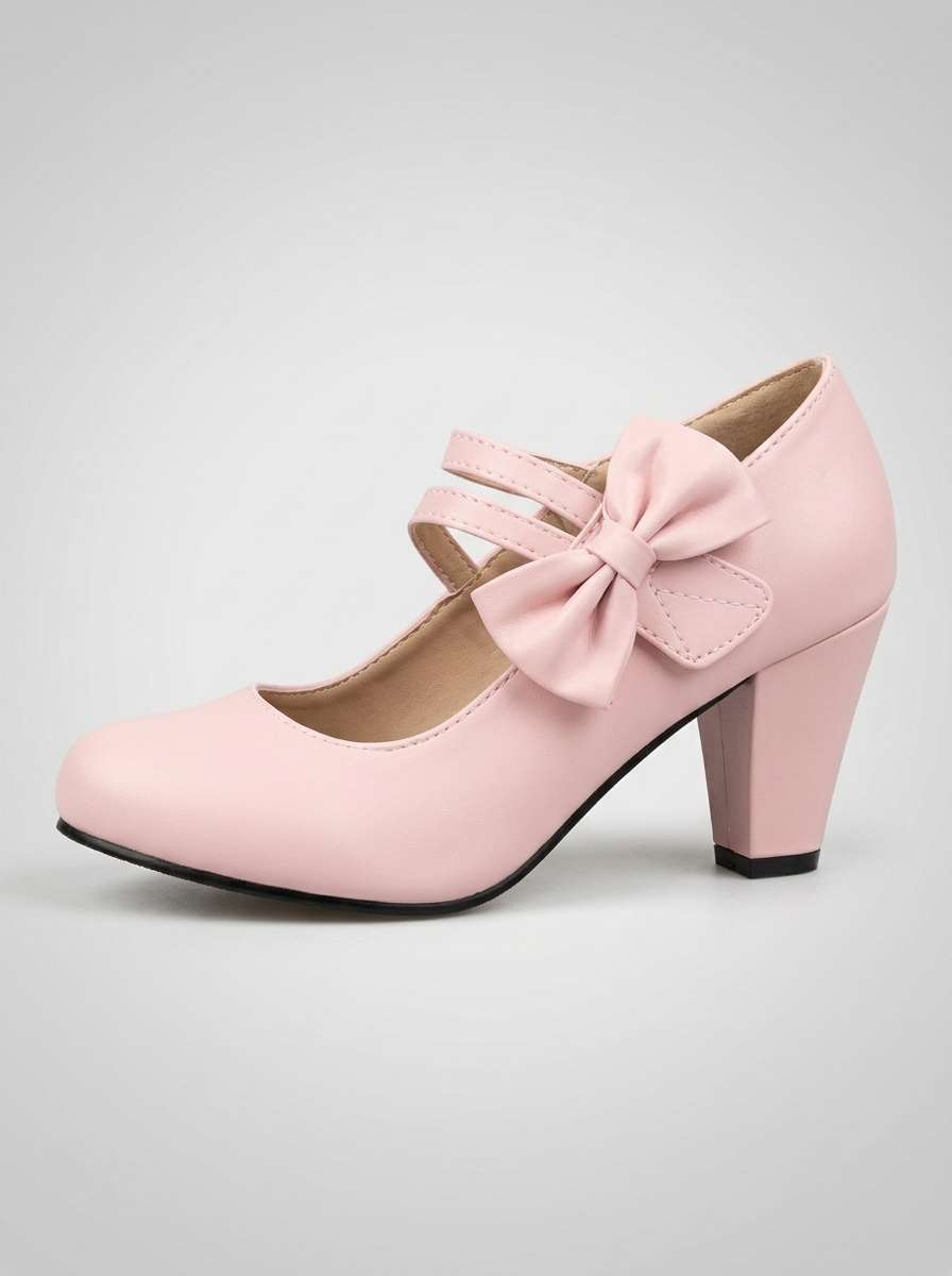 Women's Mary Jane Heels - Round Toe - Block Heel - Bow Detail
