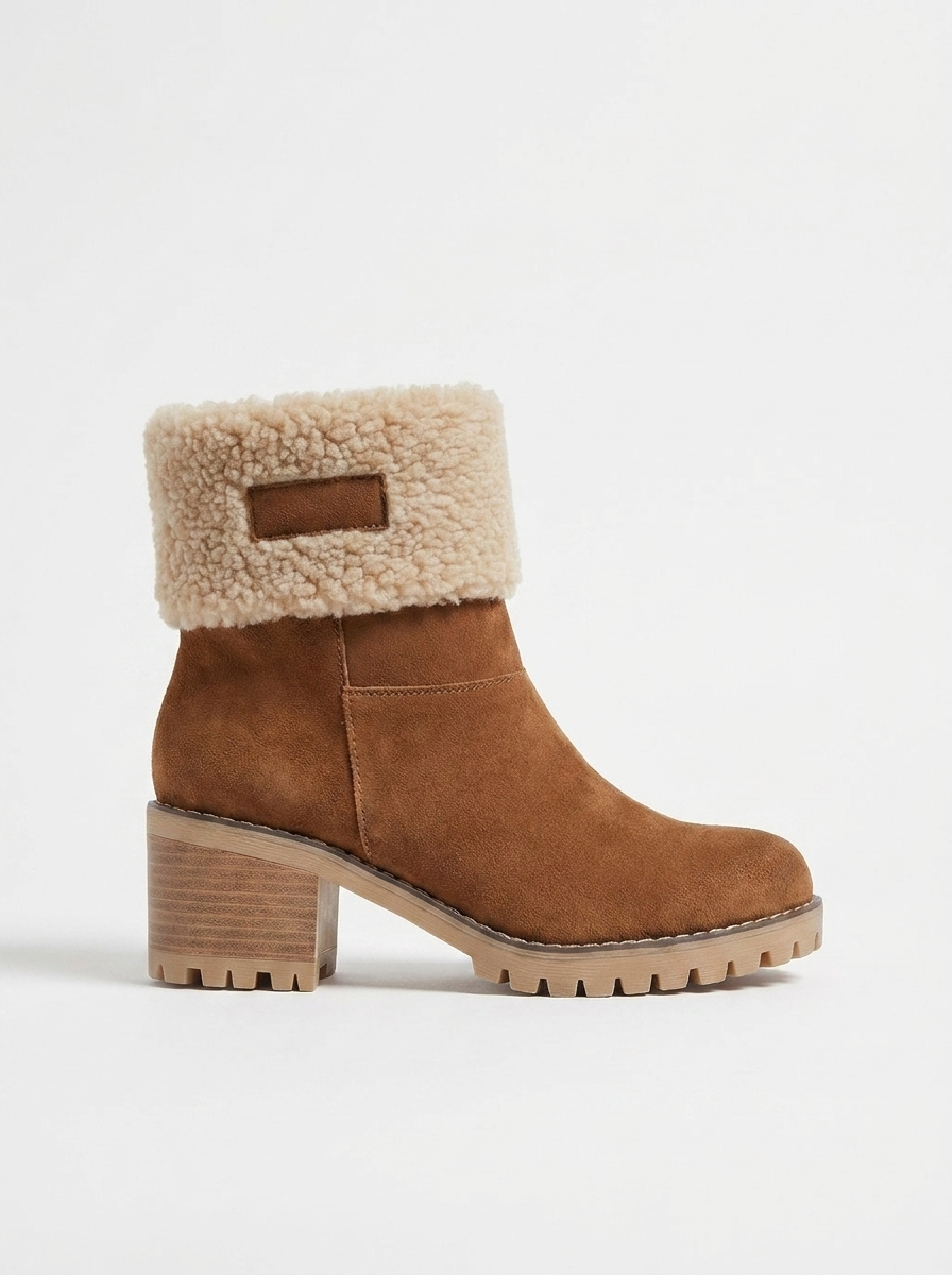 Women's Ankle Boots Faux Fur Trim - Block Heel Lug Sole Side Zip