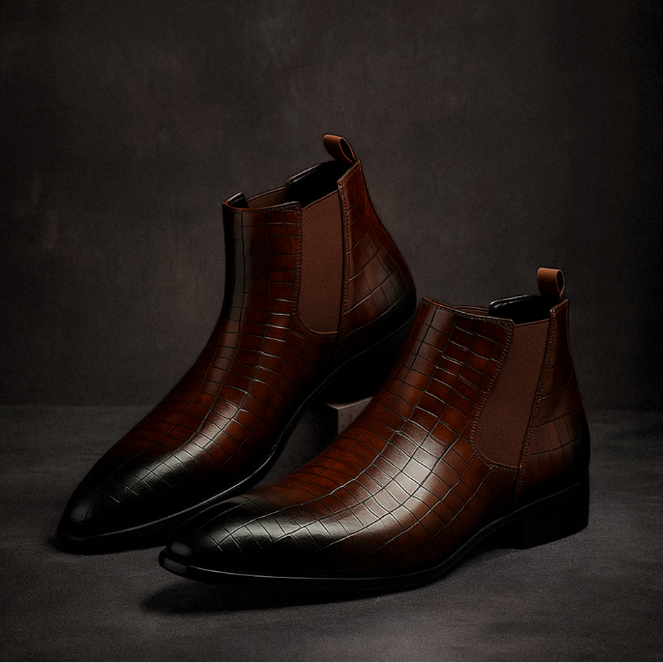 Men's Stylish Snakeskin Boots – Mid-Calf Design with Pointed Toe and Side Zip