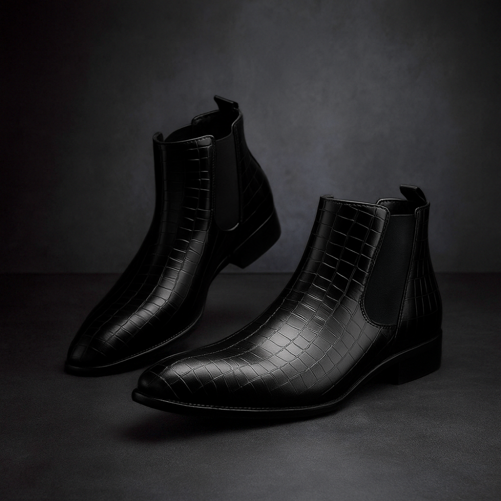 Men's Stylish Snakeskin Boots – Mid-Calf Design with Pointed Toe and Side Zip