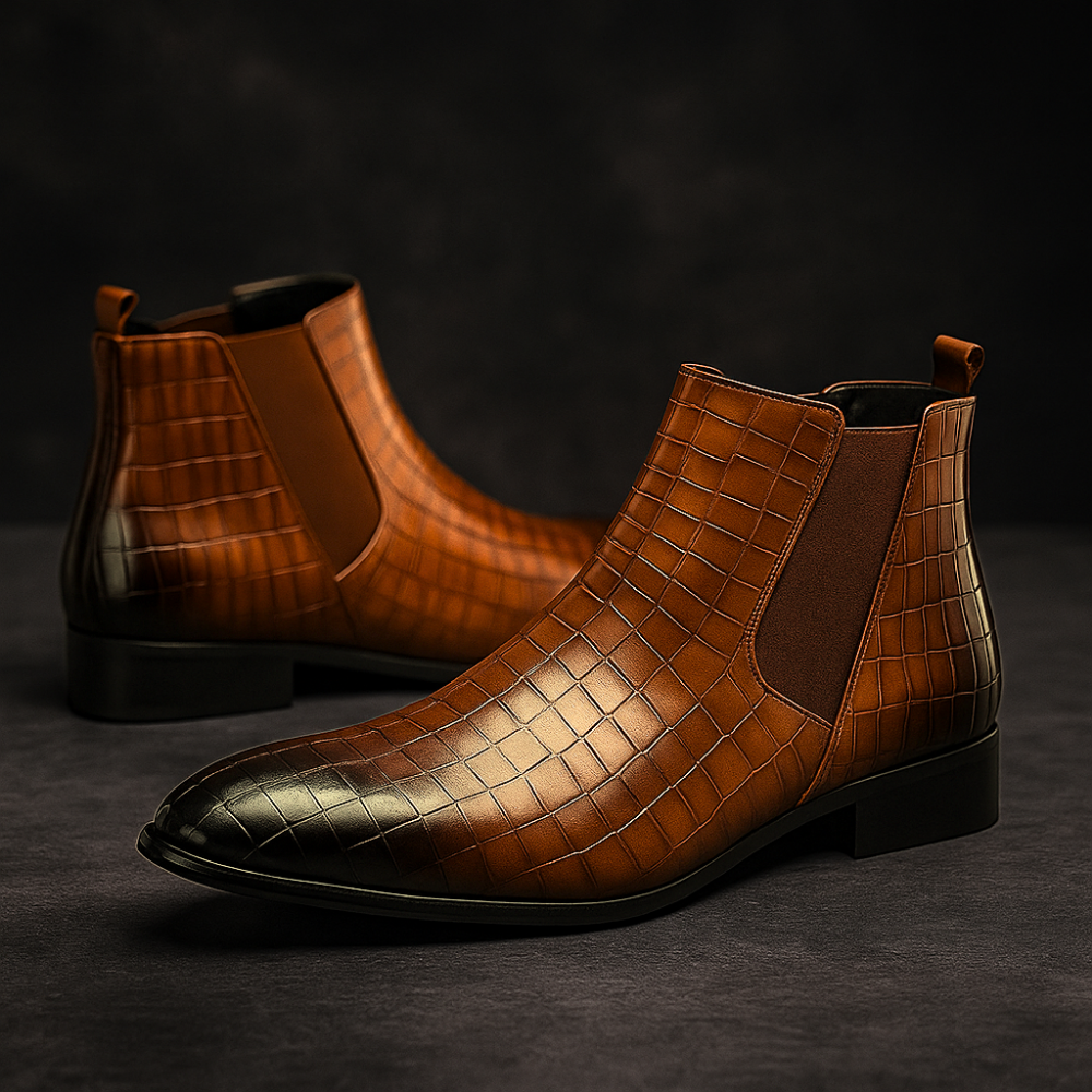 Men's Stylish Snakeskin Boots – Mid-Calf Design with Pointed Toe and Side Zip