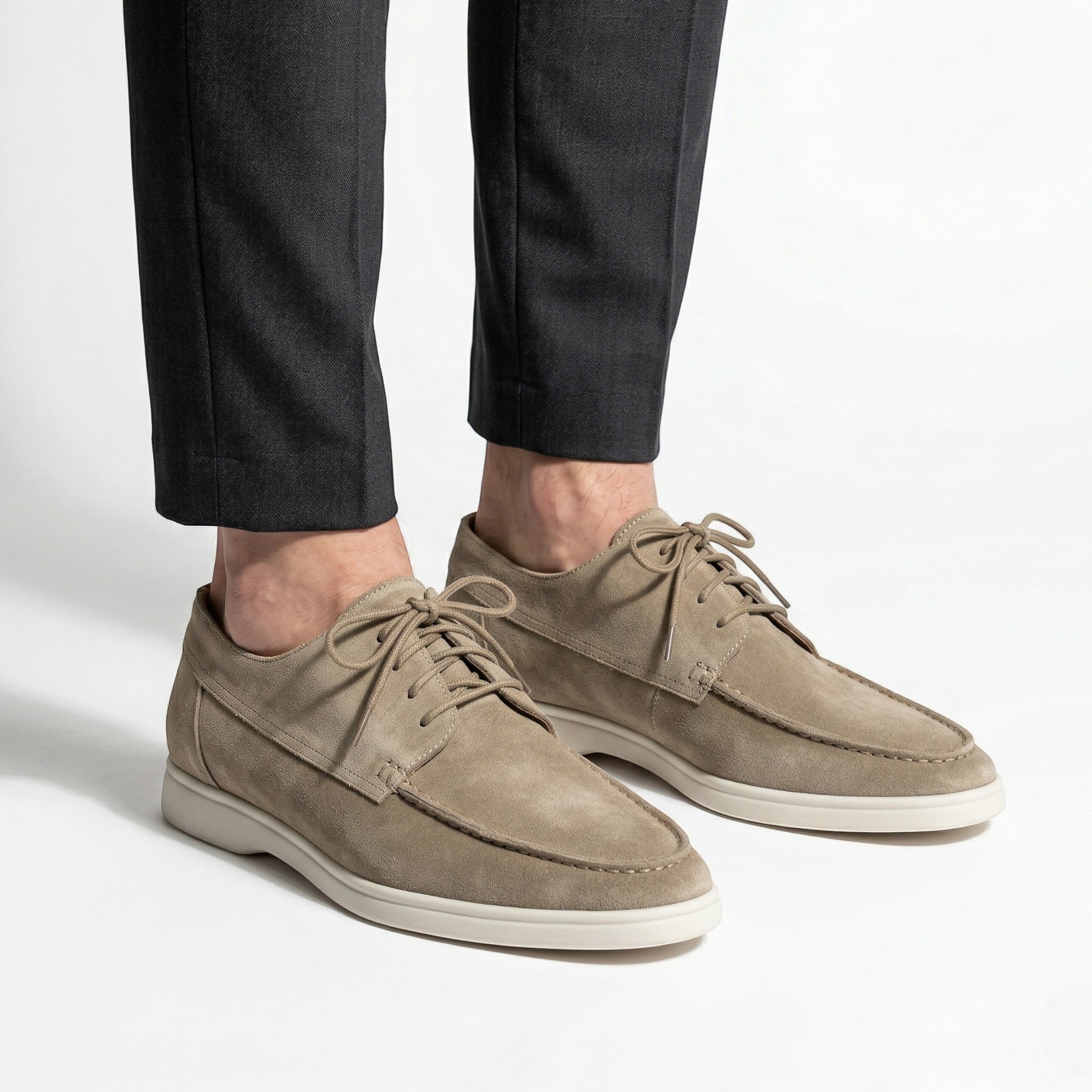 Men's Lace-Up Derby Shoes - Moc Toe - Suede - Contrast Sole