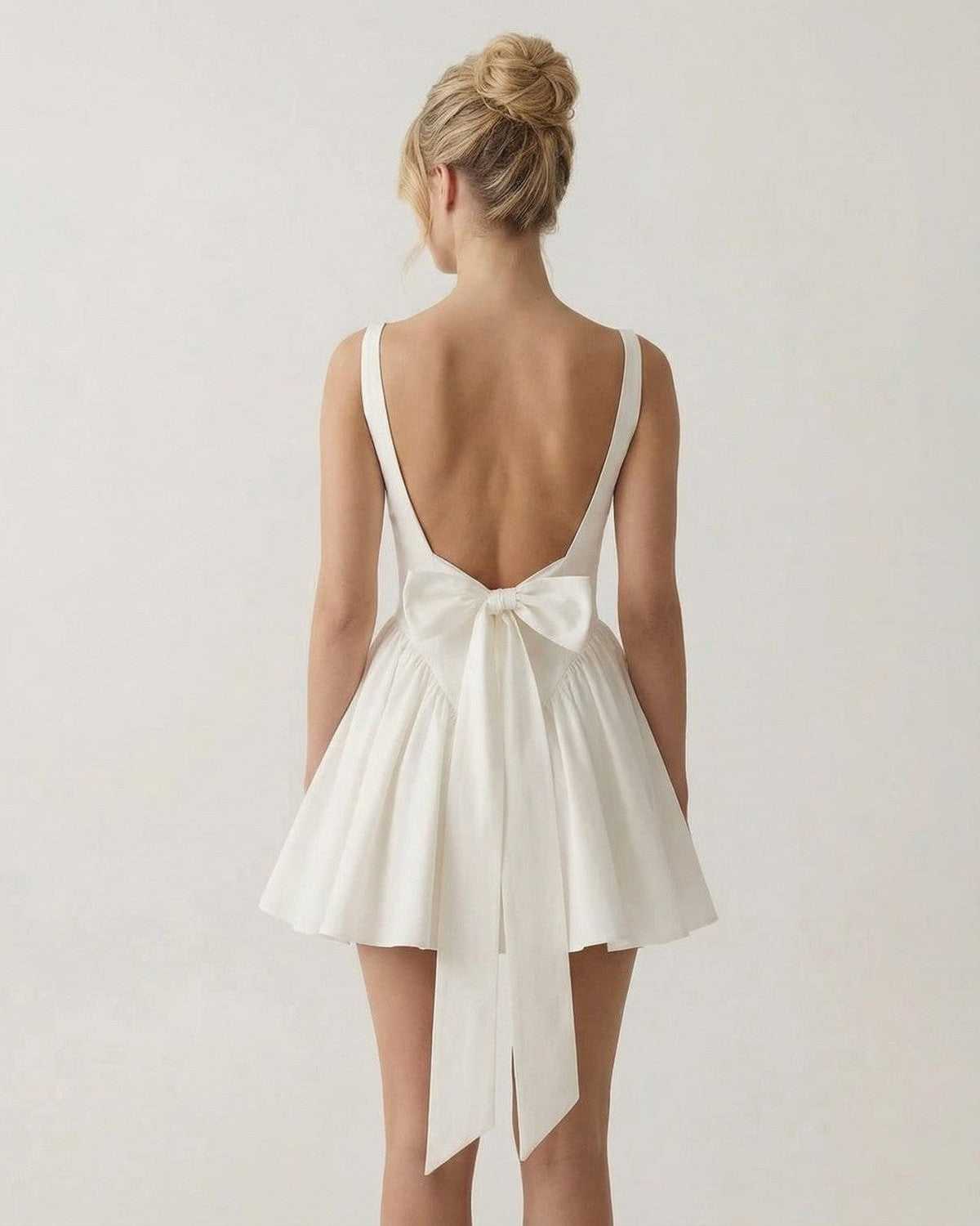Evangeline | Elegant Square Neck Bow Back Mini Dress
