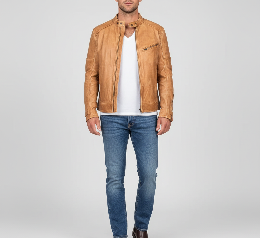 Men's Classic Leather Jacket with Zip Closure