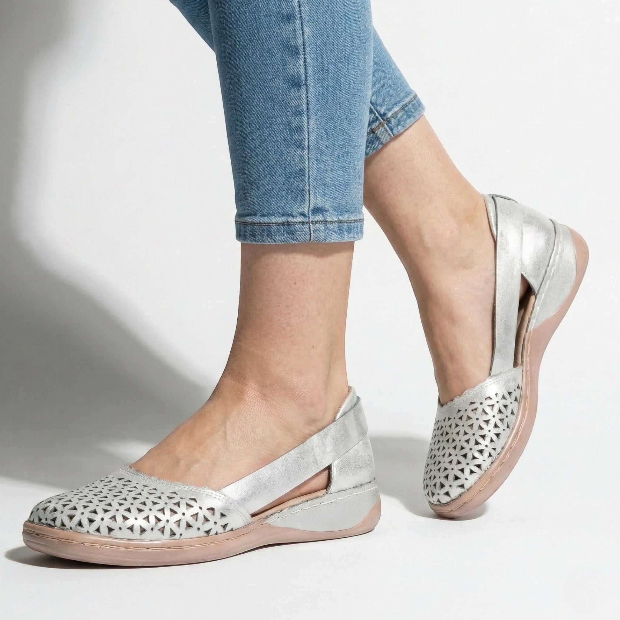 Women's Flats - Round Toe - Laser-Cut Geometric - Elastic Slingback