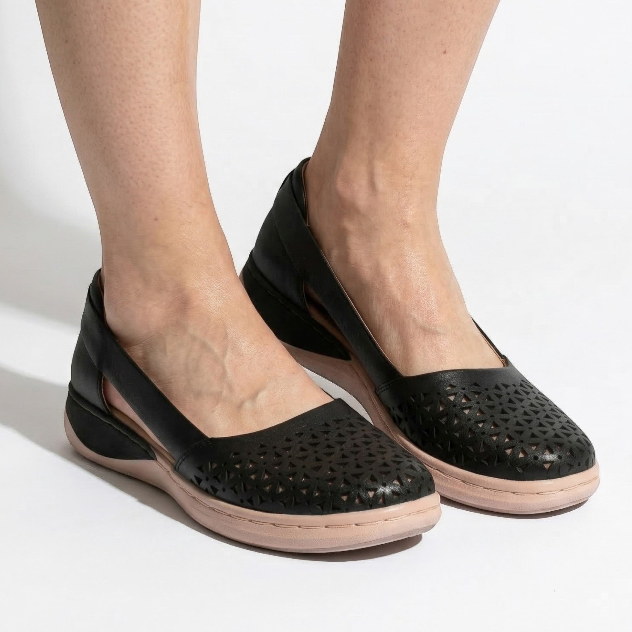 Women's Flats - Round Toe - Laser-Cut Geometric - Elastic Slingback