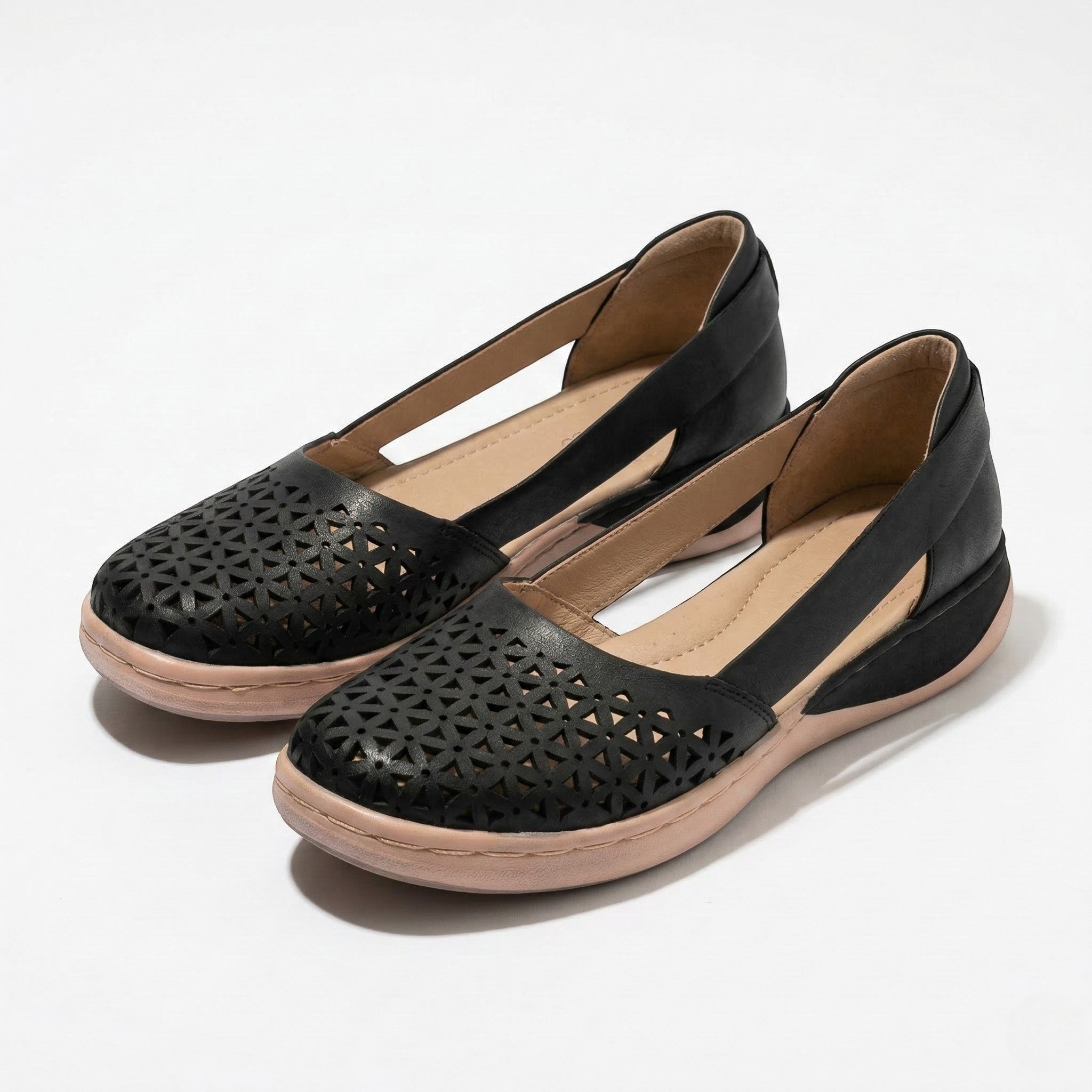Women's Flats - Round Toe - Laser-Cut Geometric - Elastic Slingback