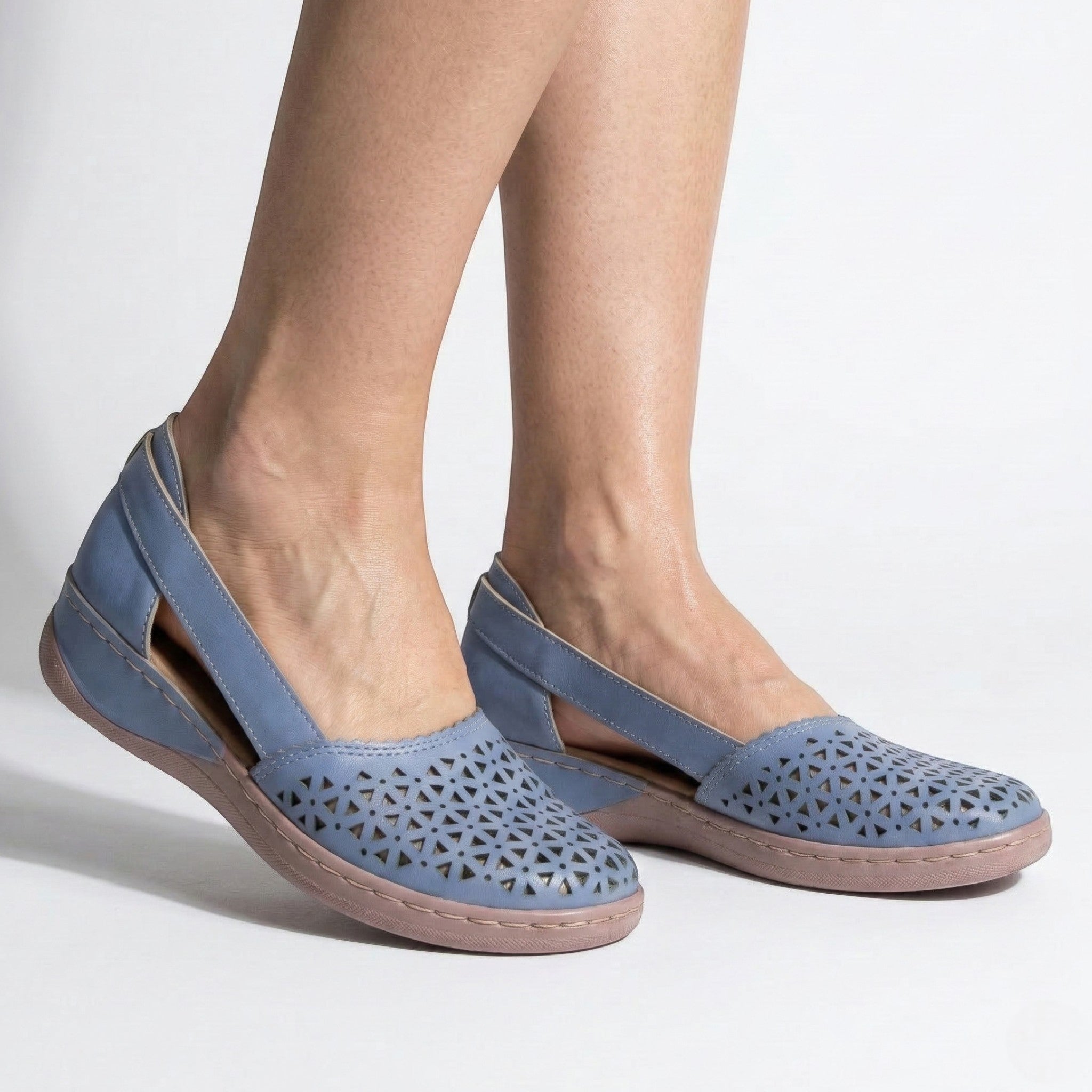 Women's Flats - Round Toe - Laser-Cut Geometric - Elastic Slingback
