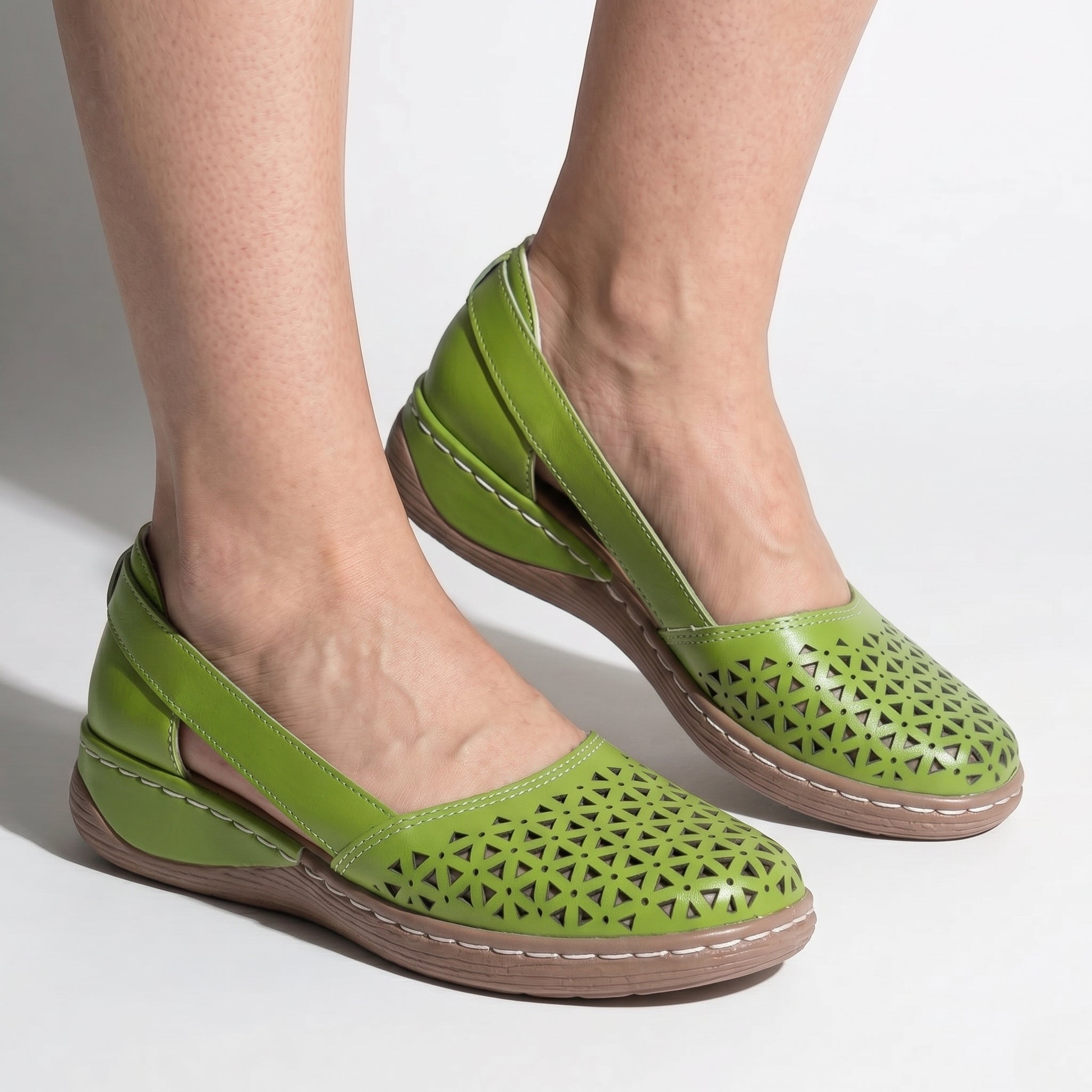 Women's Flats - Round Toe - Laser-Cut Geometric - Elastic Slingback