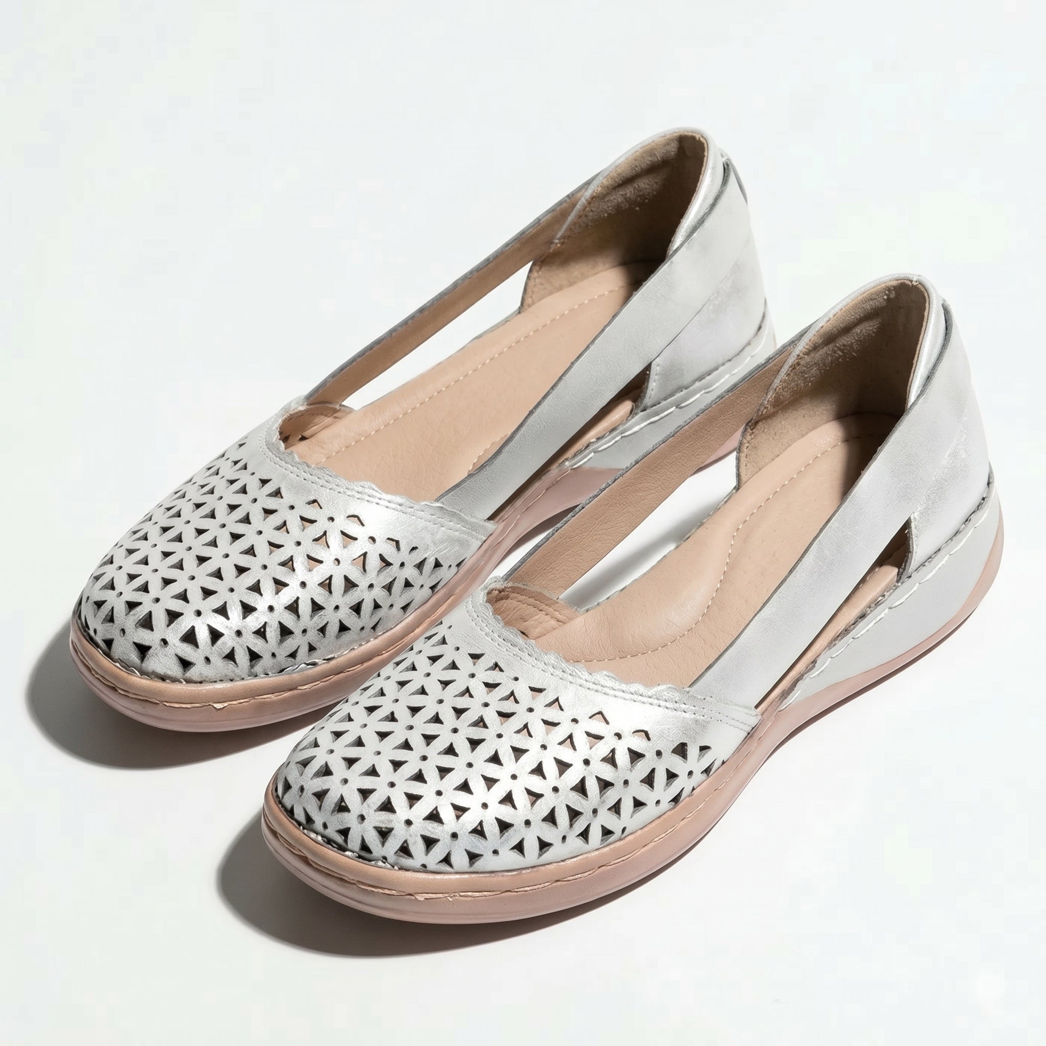 Women's Flats - Round Toe - Laser-Cut Geometric - Elastic Slingback