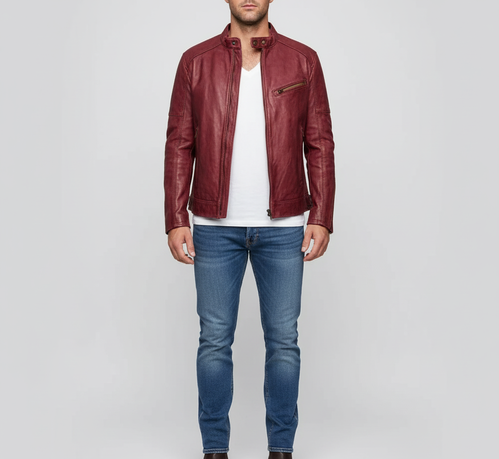 Men's Classic Leather Jacket with Zip Closure