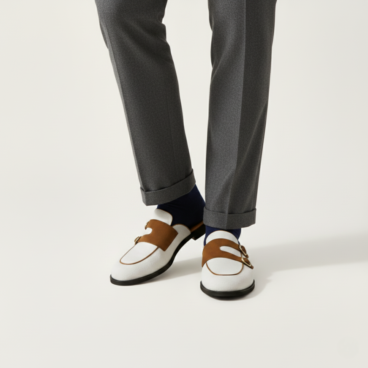 Men's Backless Loafers - Dual Buckle Straps - Apron Toe - Flat Sole
