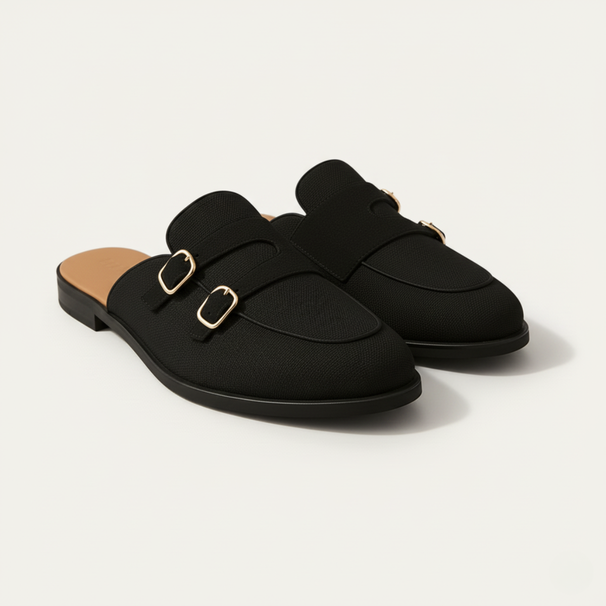Men's Backless Loafers - Dual Buckle Straps - Apron Toe - Flat Sole