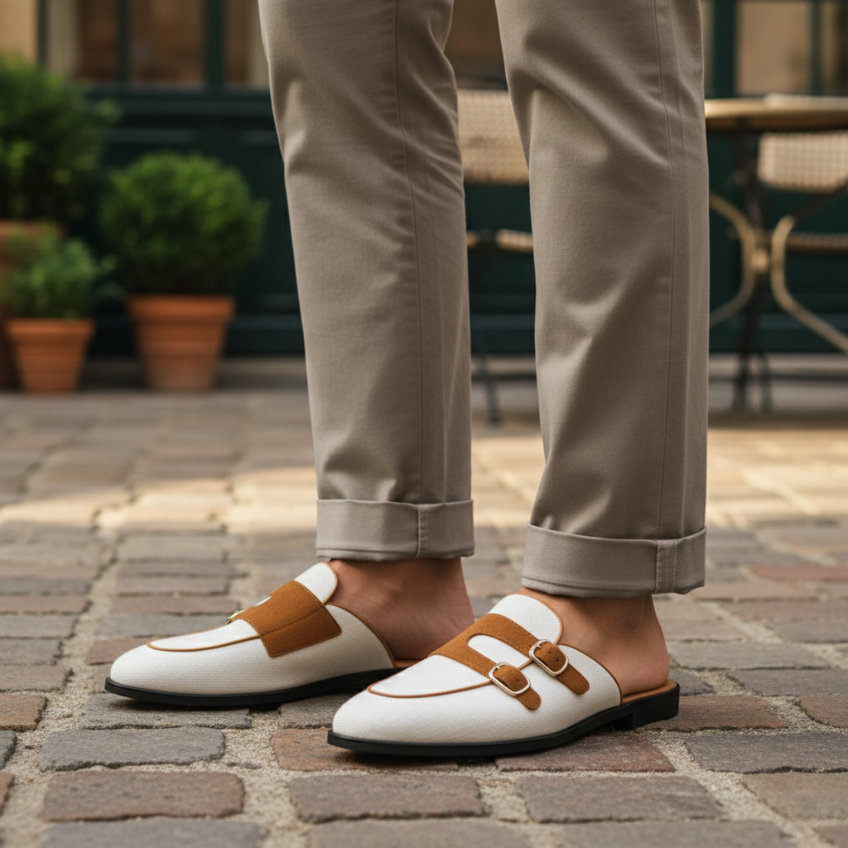 Men's Backless Loafers - Dual Buckle Straps - Apron Toe - Flat Sole