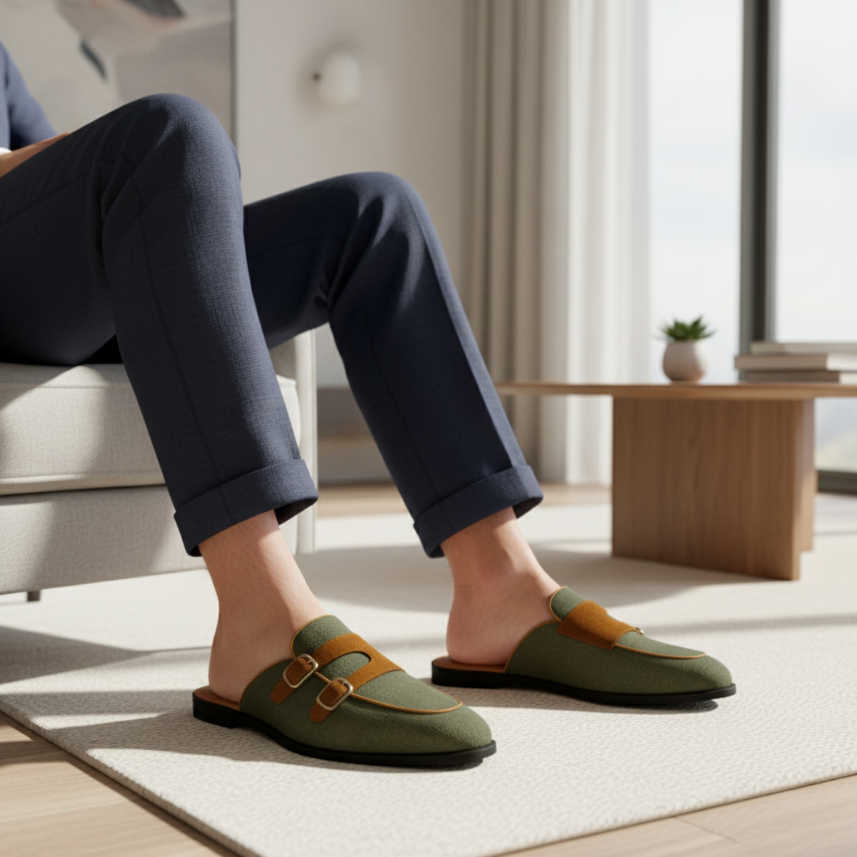 Men's Backless Loafers - Dual Buckle Straps - Apron Toe - Flat Sole