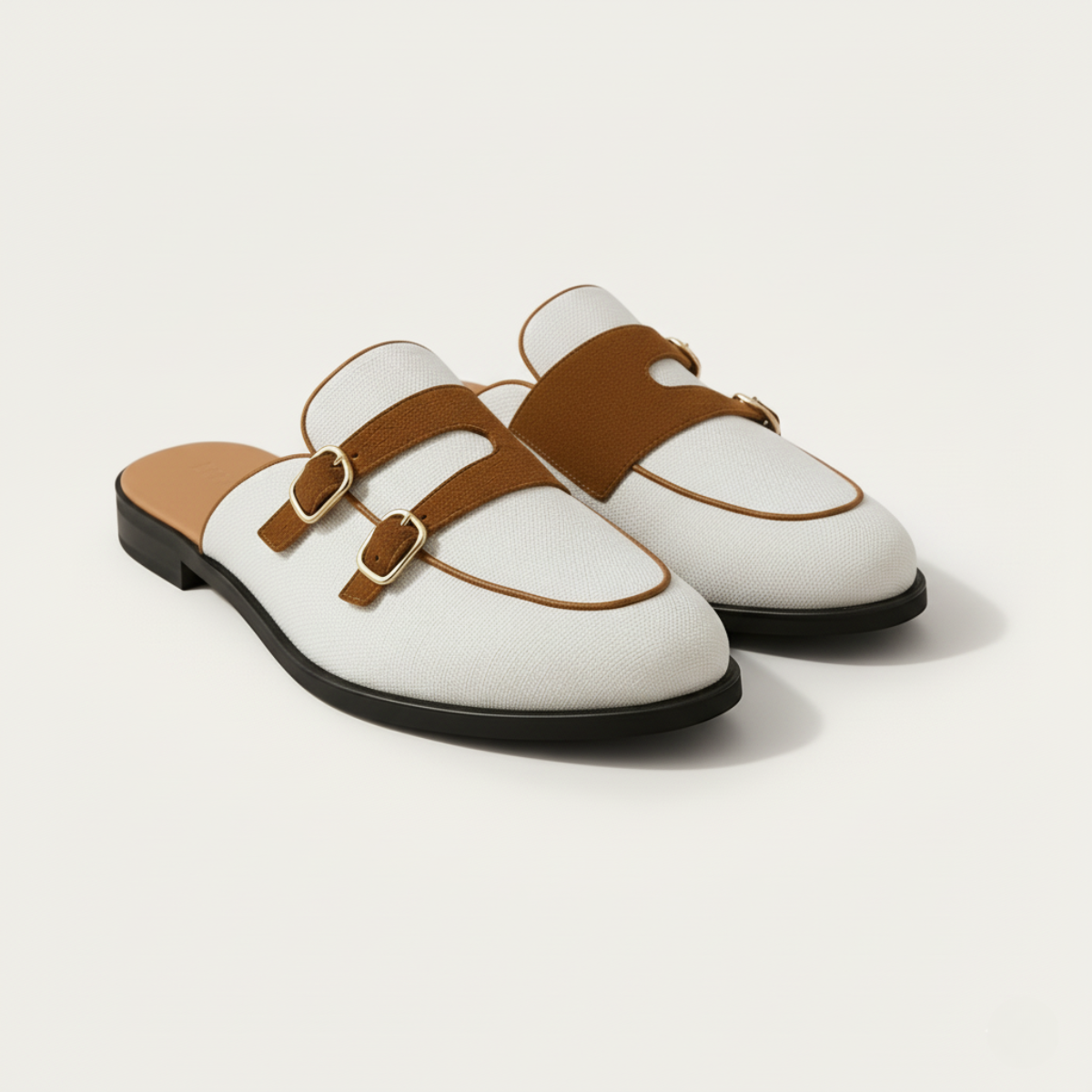 Men's Backless Loafers - Dual Buckle Straps - Apron Toe - Flat Sole