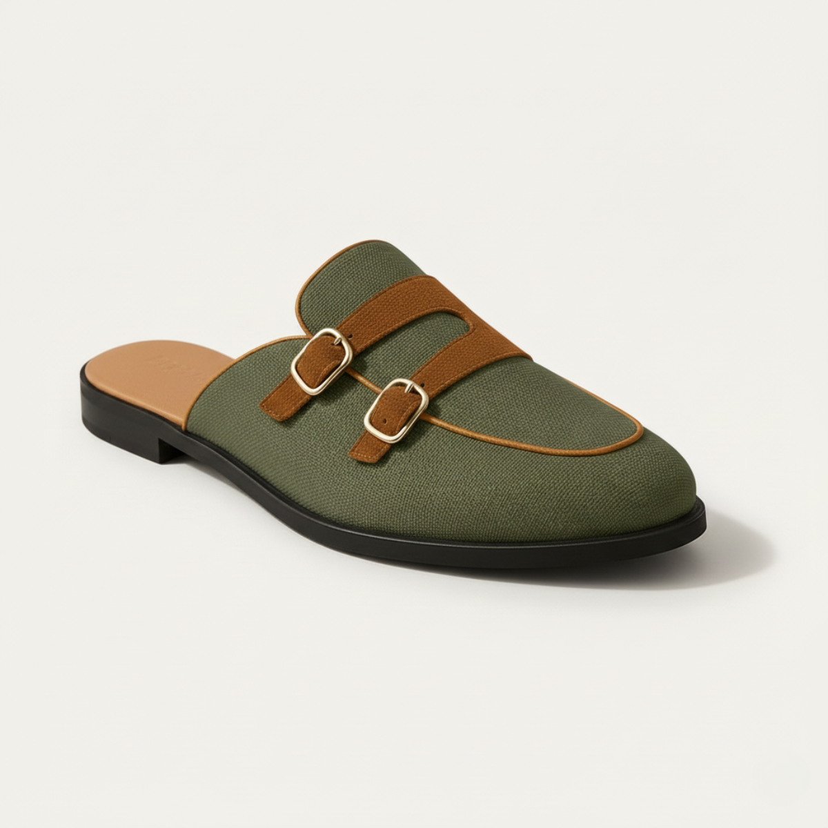 Men's Backless Loafers - Dual Buckle Straps - Apron Toe - Flat Sole