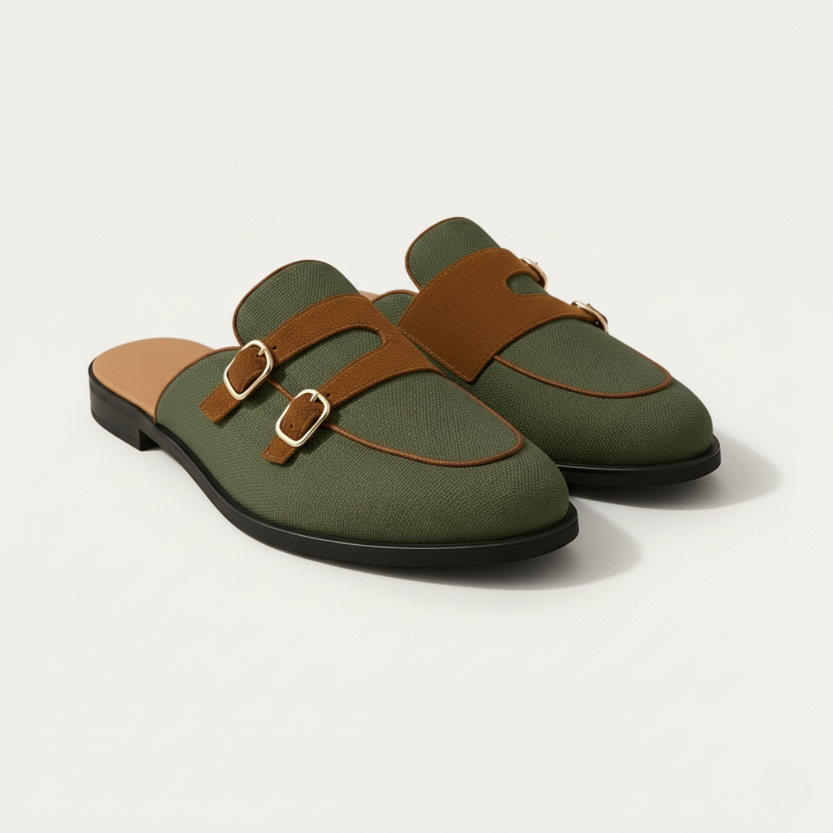 Men's Backless Loafers - Dual Buckle Straps - Apron Toe - Flat Sole