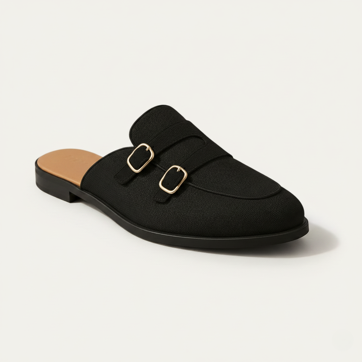 Men's Backless Loafers - Dual Buckle Straps - Apron Toe - Flat Sole