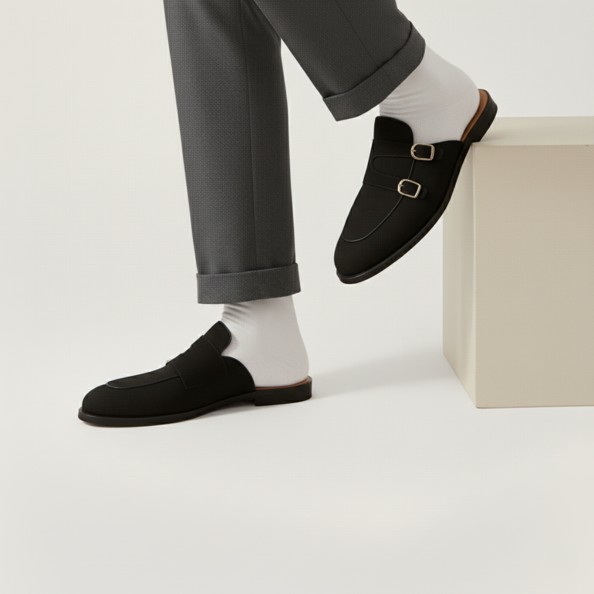 Men's Backless Loafers - Dual Buckle Straps - Apron Toe - Flat Sole