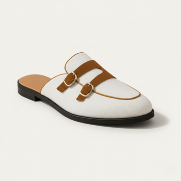 Men's Backless Loafers - Dual Buckle Straps - Apron Toe - Flat Sole