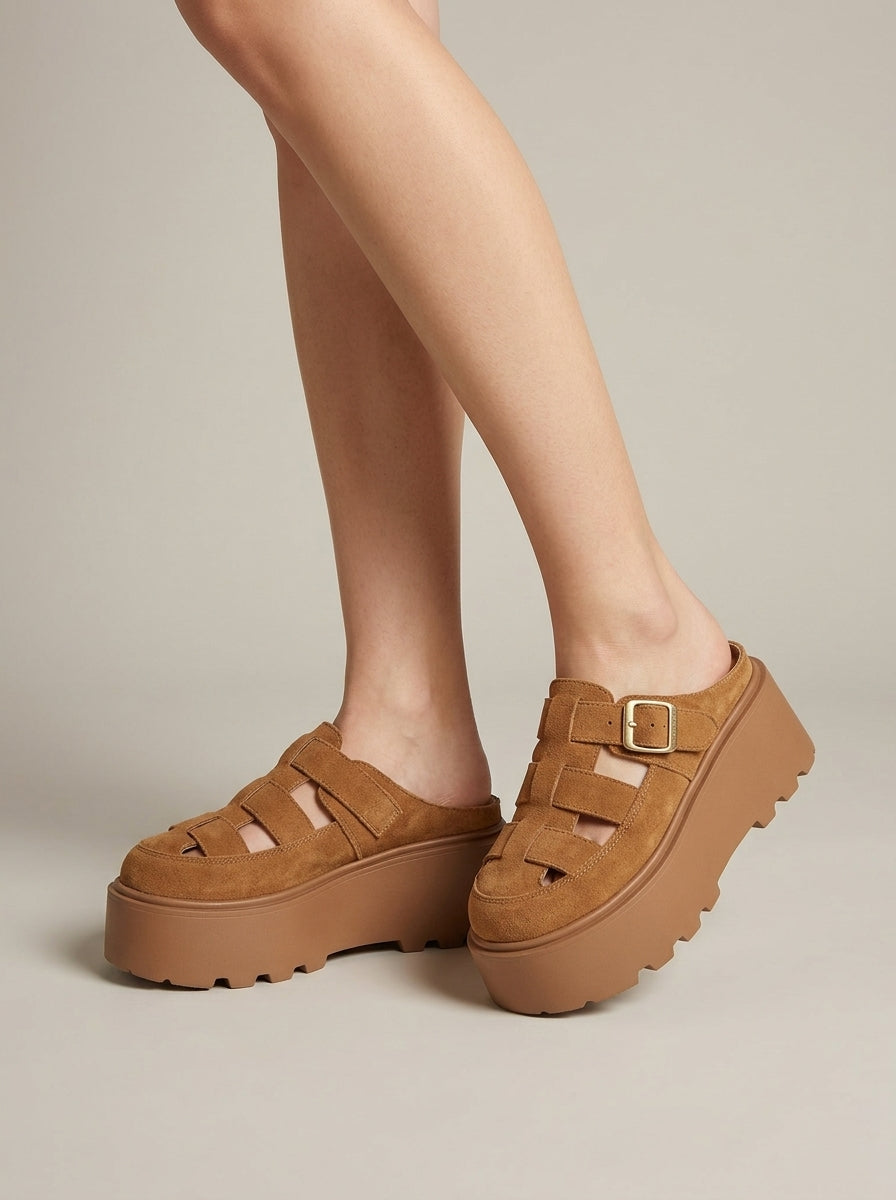 Women's Sandals - Closed-Toe Platform - Buckle Fastening
