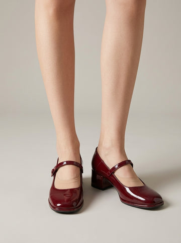 Women's Mary Jane Heels - Patent - Block Heel - Ankle Strap