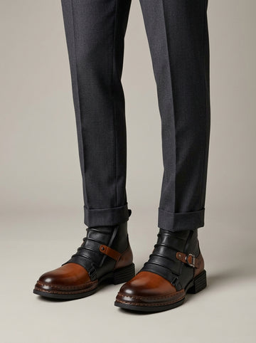 Men's Ankle Boots - Multi-Buckle Strap - Two-Tone Leather - Block Heel