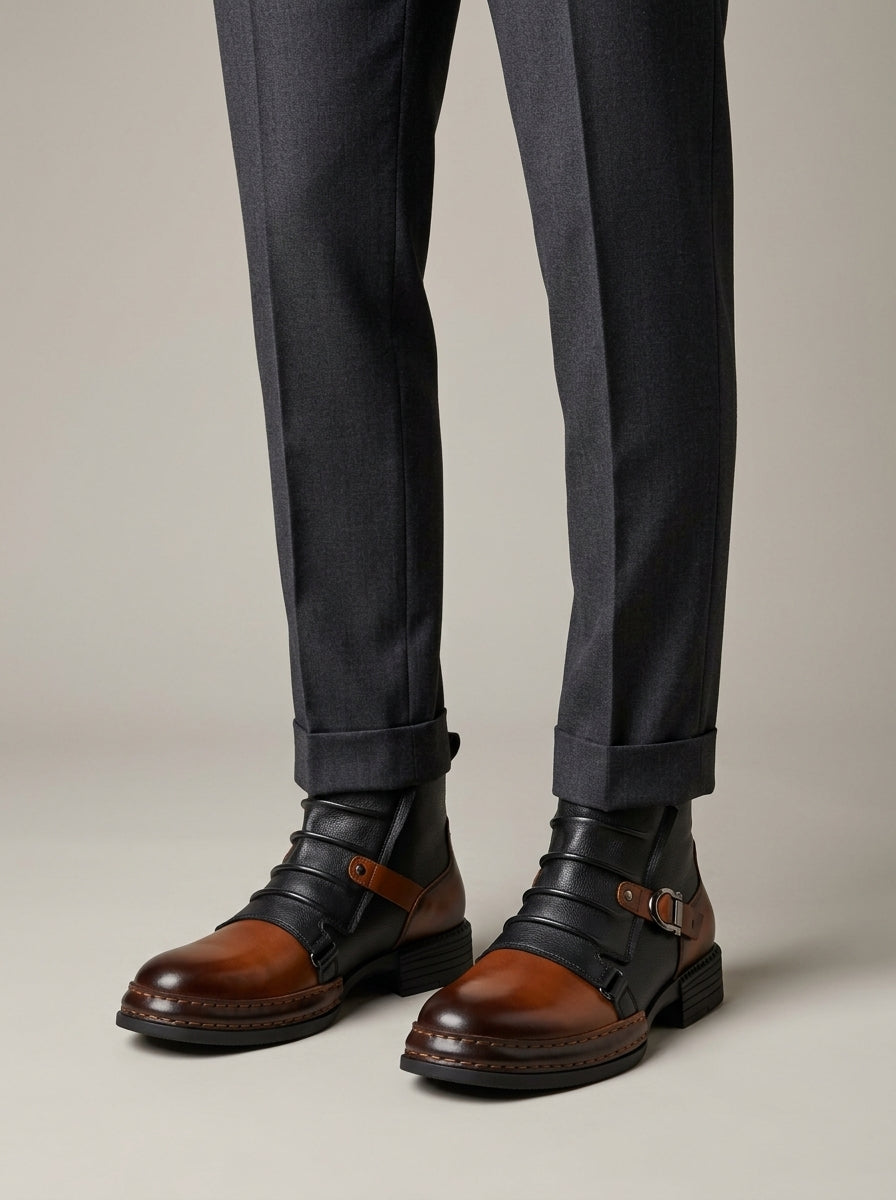 Men's Ankle Boots - Multi-Buckle Strap - Two-Tone Leather - Block Heel
