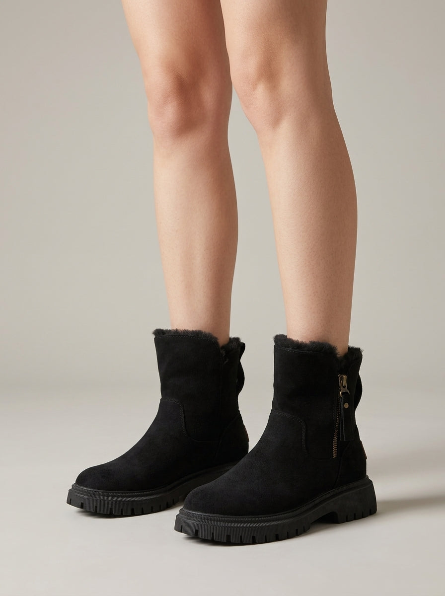 Women's Suede Shearling Ankle Boots - Round Toe Zip