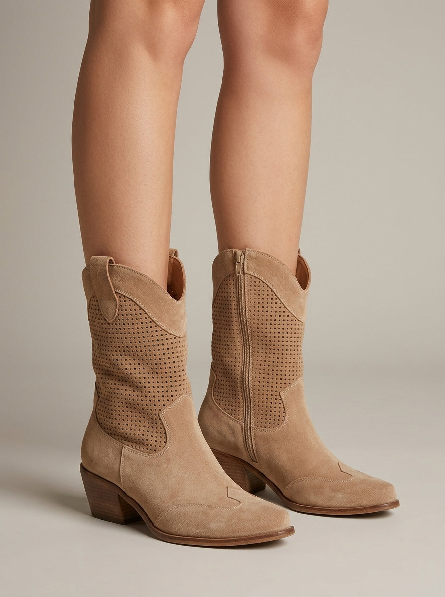 Women's Suede Western Boots - Pointed Toe Block Heel