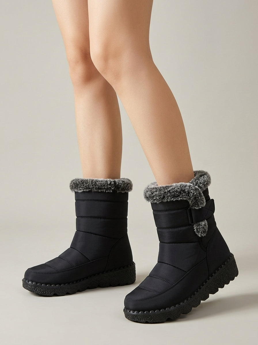 Women's Fur-Trim Snow Boots - Round Toe Buckle Strap