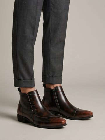 Men's Ankle Boots Pointed Toe Side Zip Lacing Detail Block Heel