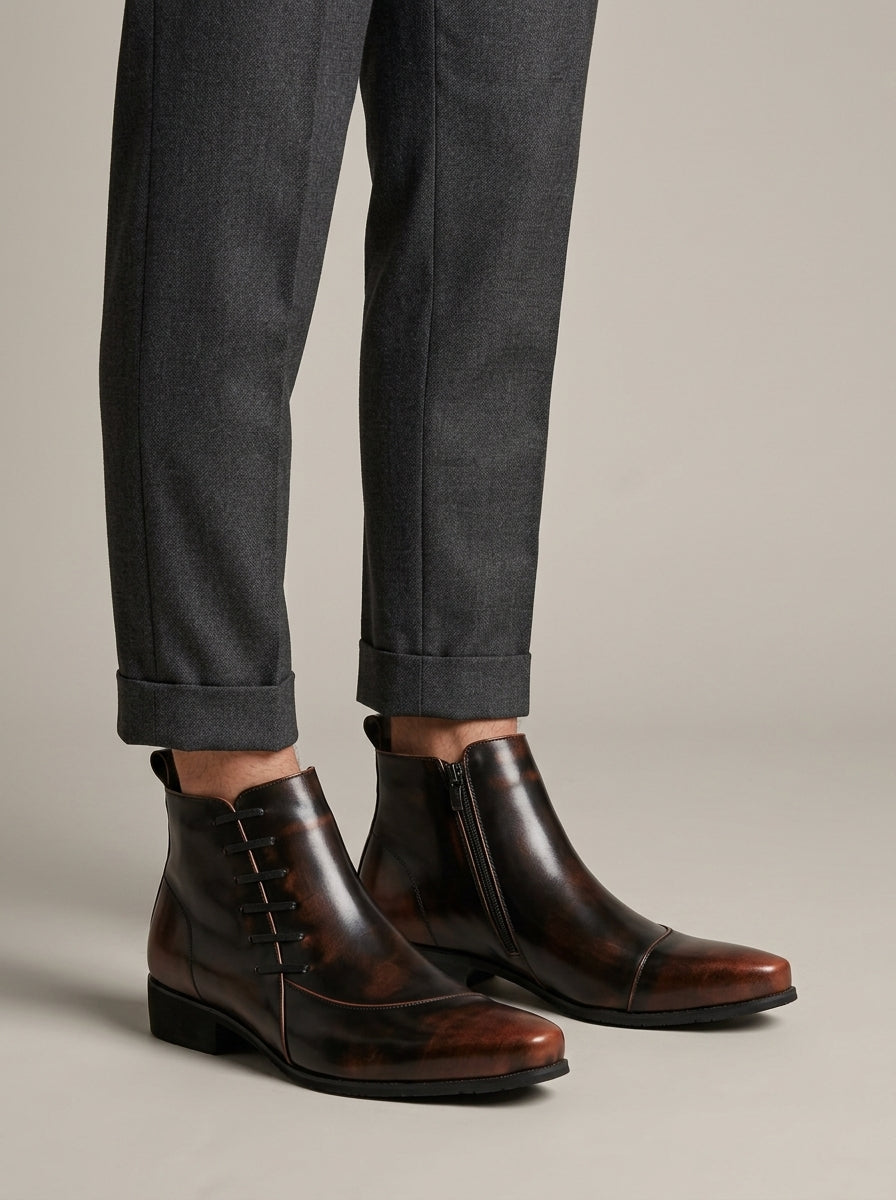 Men's Ankle Boots Pointed Toe Side Zip Lacing Detail Block Heel