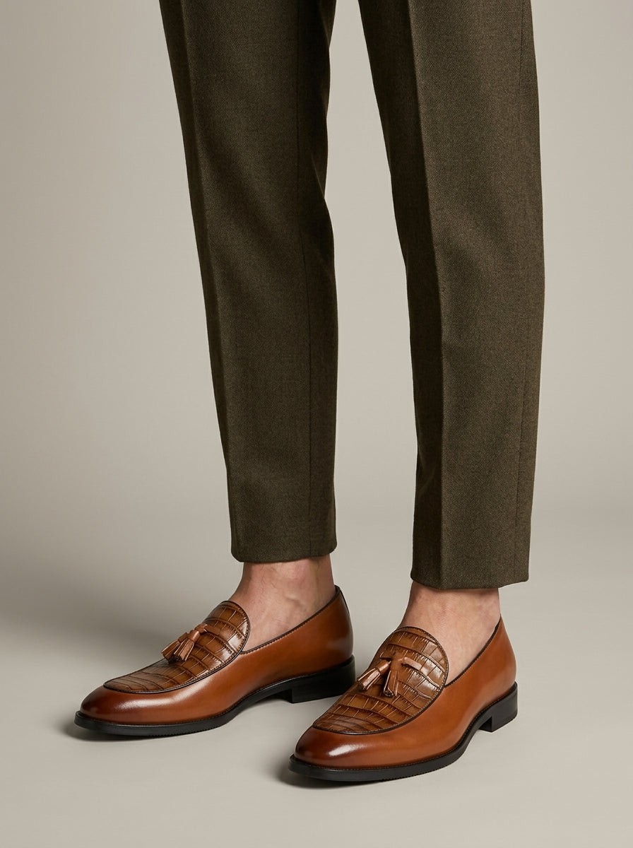 Men's Penny Loafers Leather - Tassel Detail - Croc-Embossed Vamp