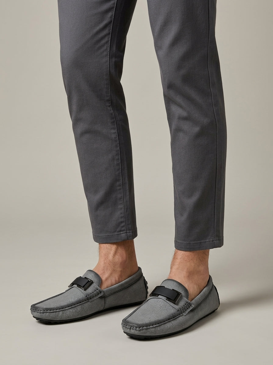 Men's Loafers Slip-On Buckle Detail Textured Suede Ridged Sole