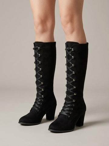 Women's Suede Lace-Up Knee High Boots - Block Heel
