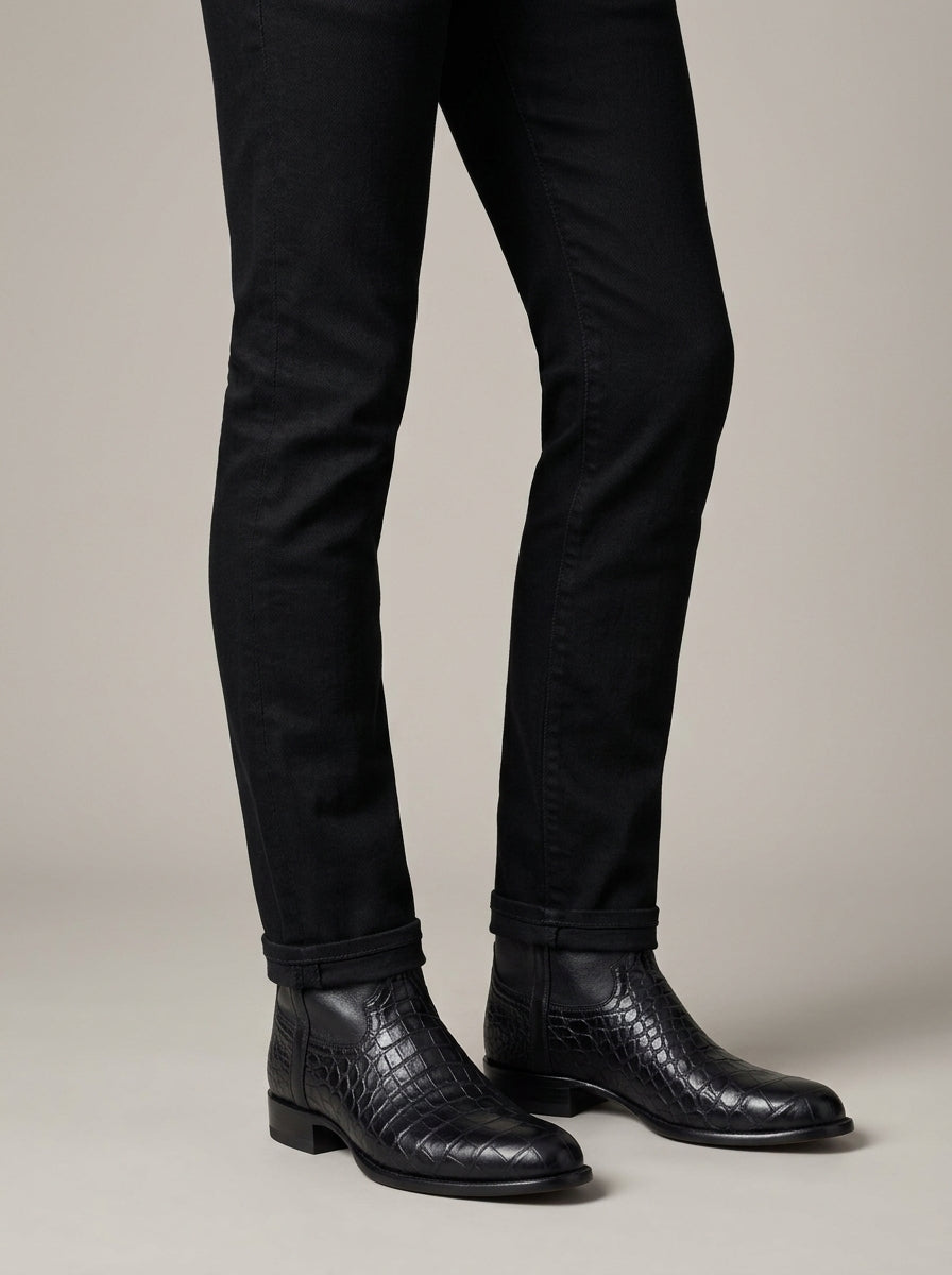 Men's Croc-Effect Western Boots - Round Toe Pull-On