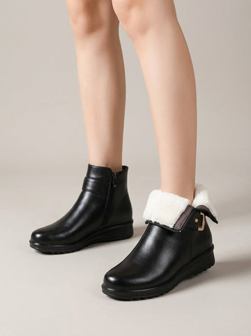 Women's Wool And Fur-Lined Boots - Round Toe Buckle