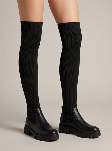 Women's Knit Thigh High Boots - Chunky Lug Sole