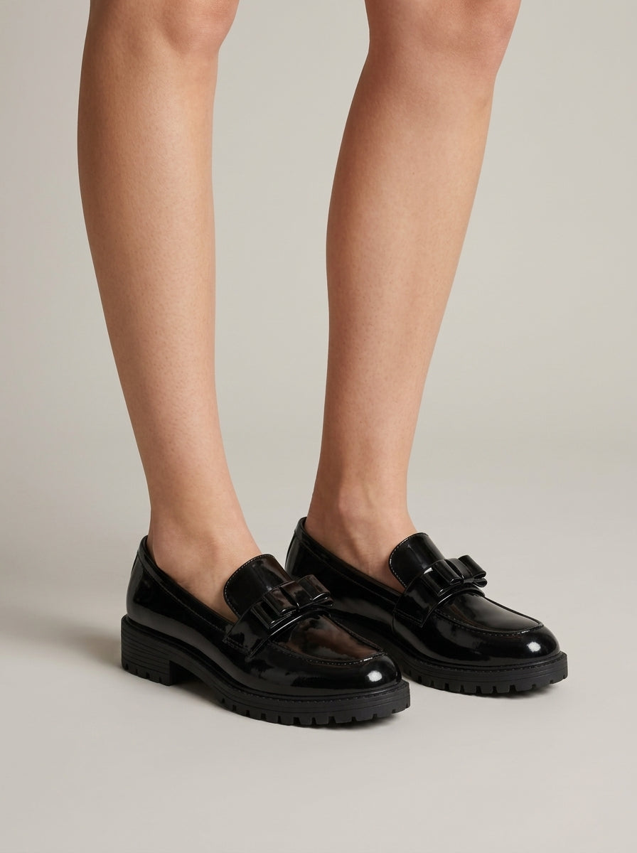 Women's Loafers - Patent Leather - Bow Detail - Chunky Lug Sole
