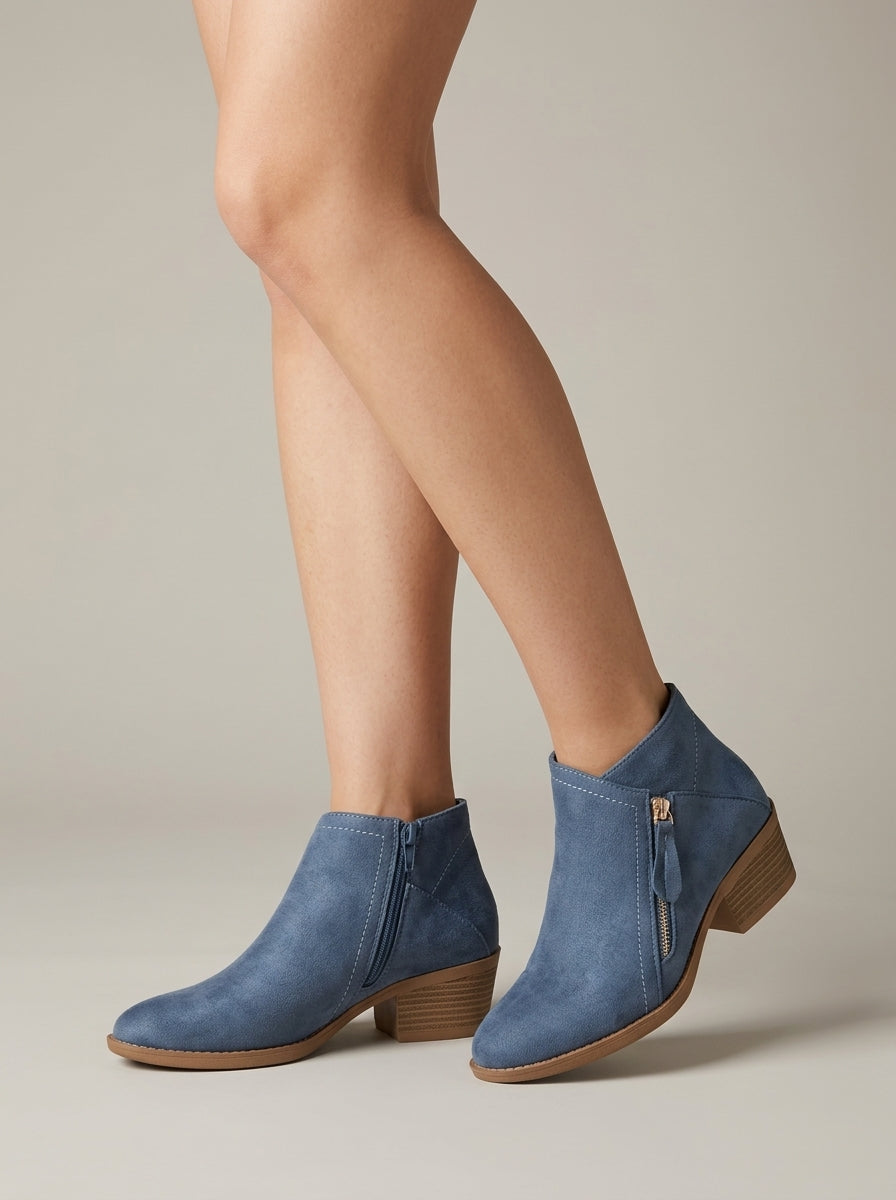 Women's Suede Ankle Boots - Round Toe Block Heel