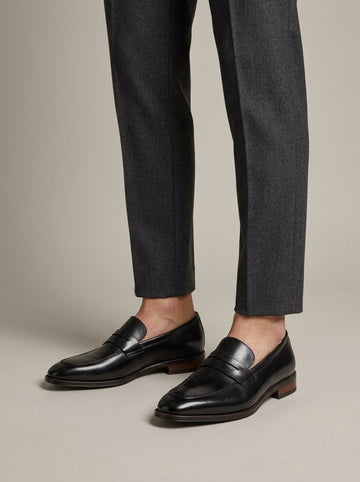 Men's Penny Loafers - Leather - Slip-On - Low Stacked Heel