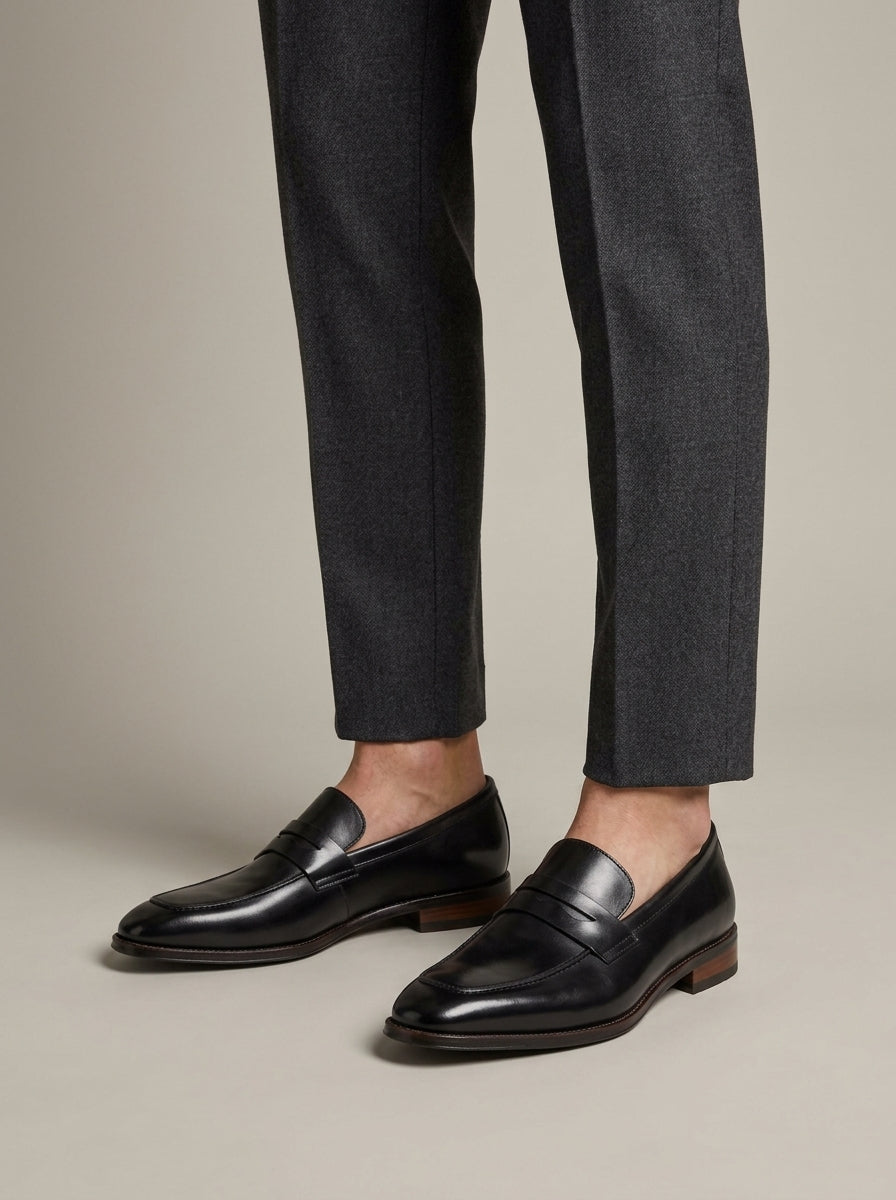 Men's Penny Loafers - Leather - Slip-On - Low Stacked Heel