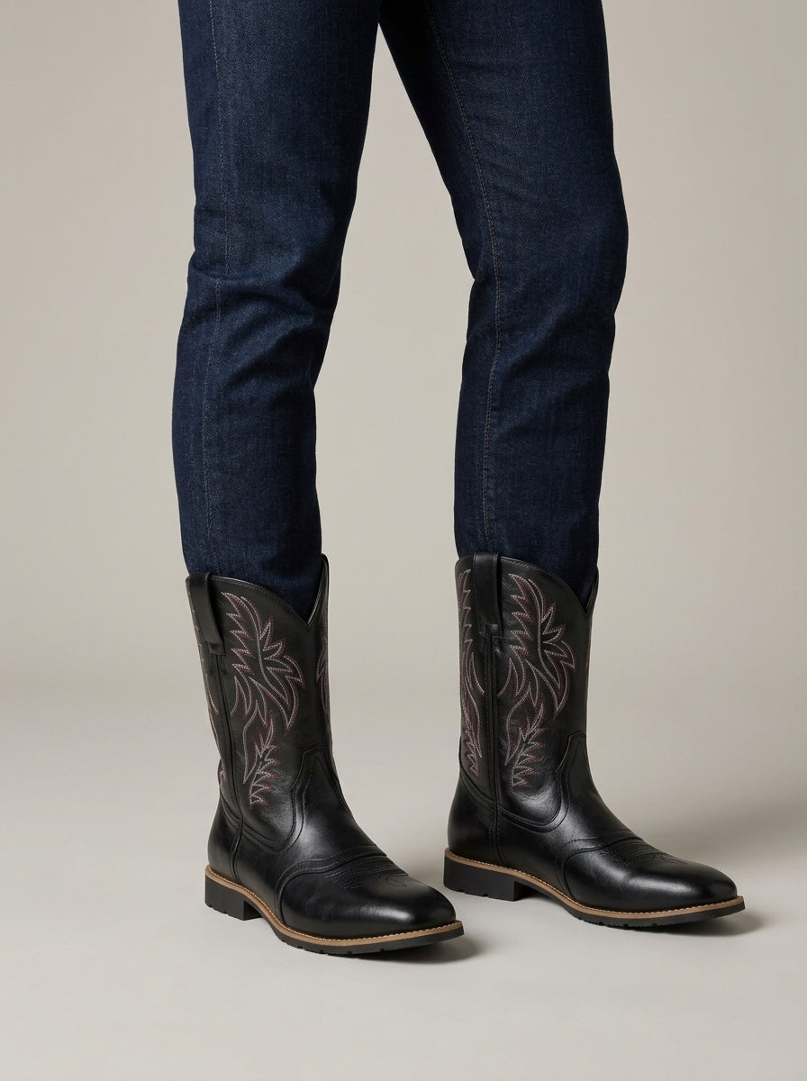 Men's Western Cowboy Boots - Embroidered Shaft - Pull-On