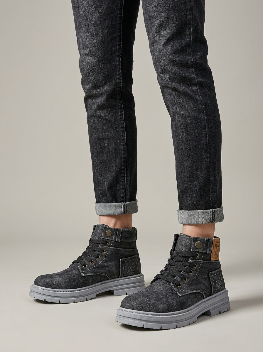 Men's Ankle Boots Denim - Lace-Up - Platform Sole - High Top