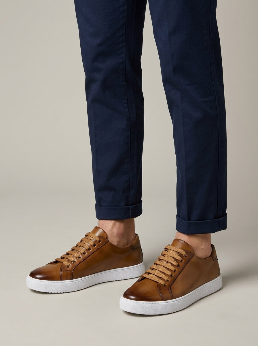 Men's Leather Low Top Sneakers - Round Toe Lace-Up