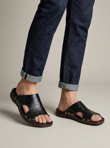 Men's Leather Slide Sandals - Open Toe Studded Sole