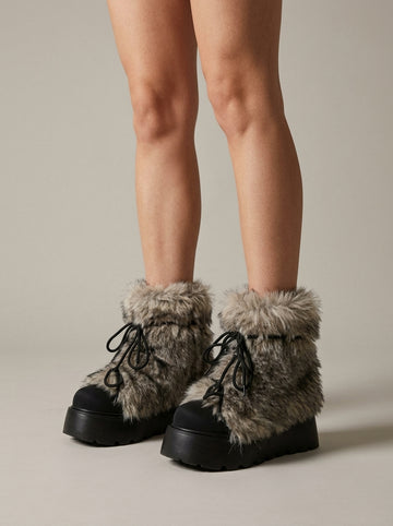 Women's Ankle Boots - Faux Fur Trim - Lace-Up - Platform Sole