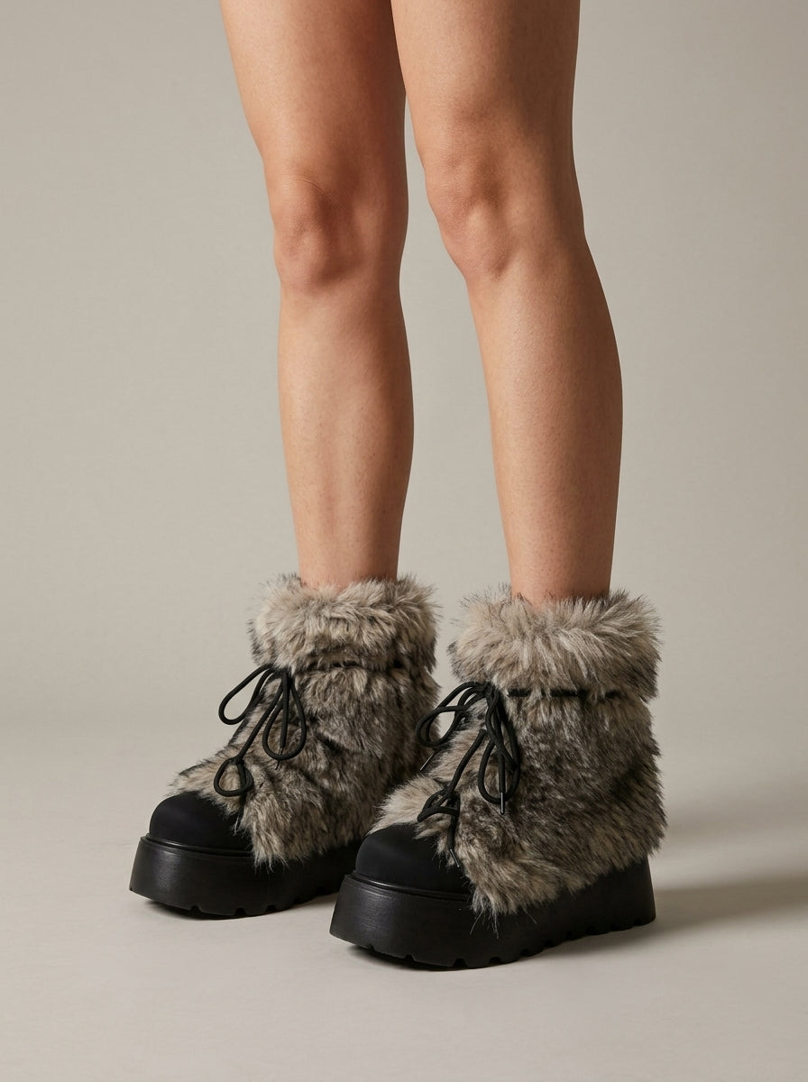 Women's Ankle Boots - Faux Fur Trim - Lace-Up - Platform Sole